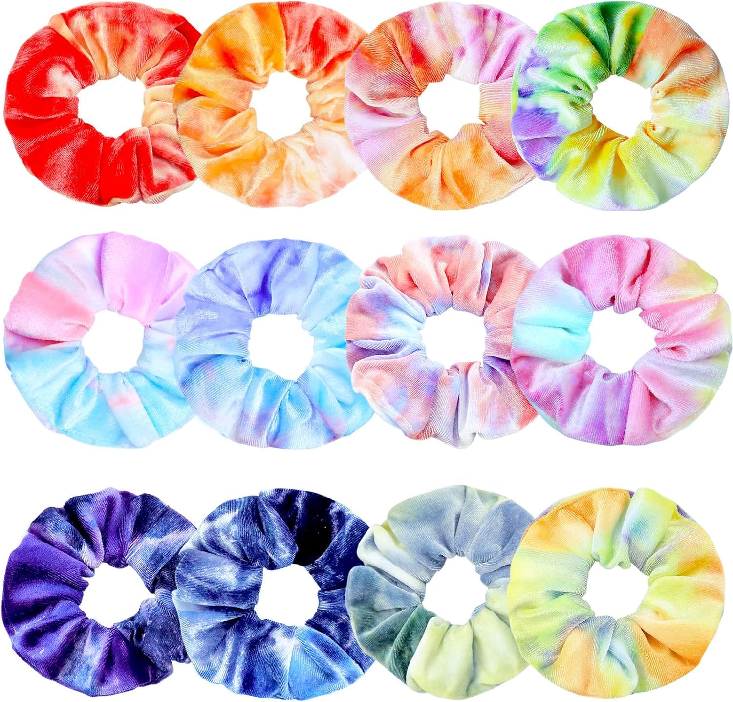 Kavya Scrunchies for Girls, Velvet Scrunchy Rainbow Hair Bands Soft Premium Hair Bobbles for Women Elastic Ponytail Holders Tie Dye Hair Accessories for Girls Women 12 Pack