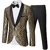 YND Men's 2 Piece Slim Fit Suit Set, One Button Shawl Lapel Floral Pattern Party Blazer, Jacket Pants with Bow Tie