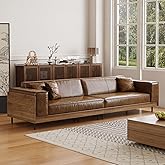 gaoyangjiaju Mid-Century Modern Leather Sofa 111.81" with Wooden Accents on Sides & Back, Spacious 3 - Seat Couch for Living Room, Bedroom or Lounge Space, Brown