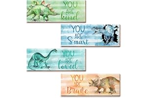 CLOVERKOI Dinosaur Room Decor for Boys, Dinosaur Room Decor for Bedroom, 4 Pieces Dinosaur Decor, Wooden Wall Signs for Boys Kids Toddlers Room Bedroom Nursery, Dinosaur Birthday Party Decorations