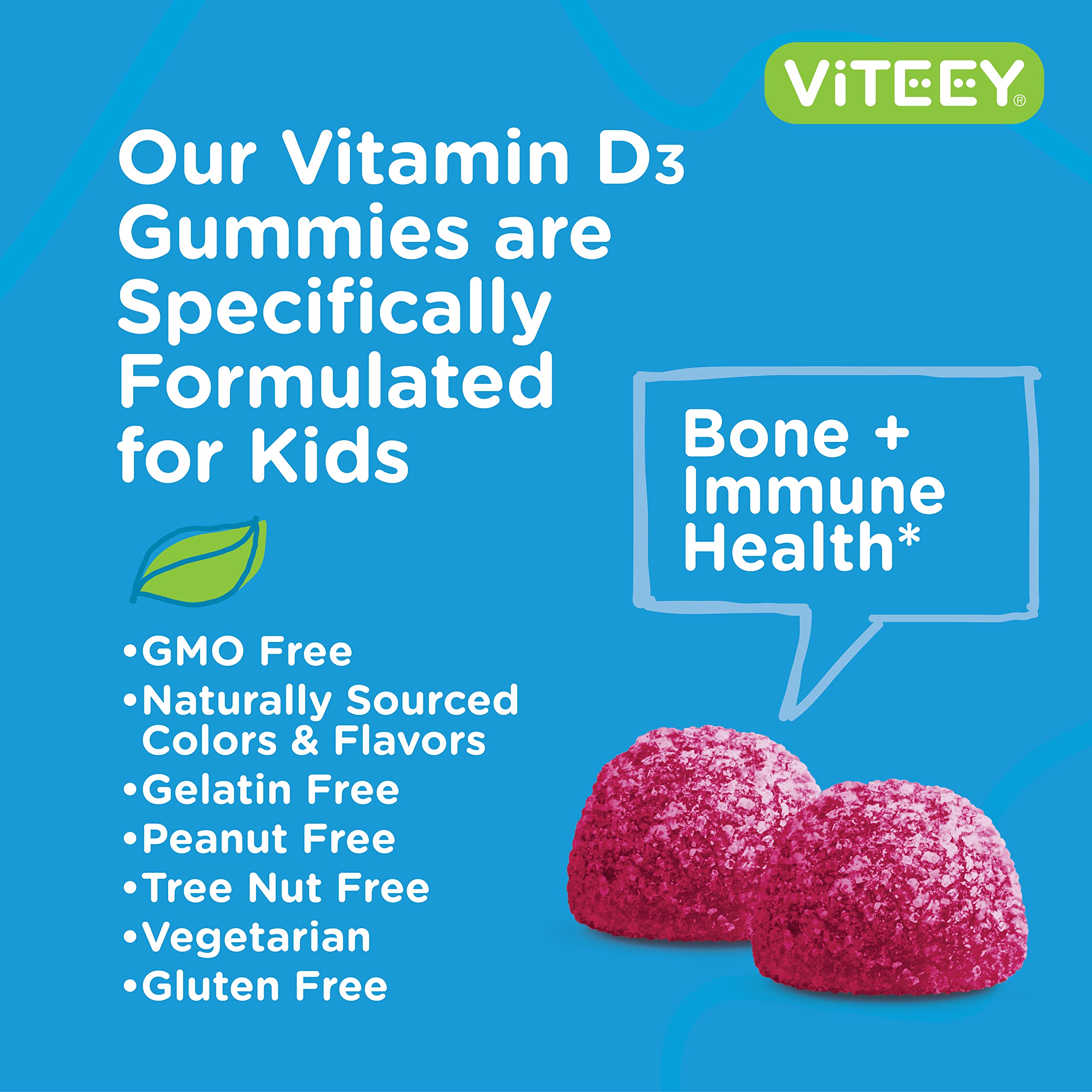 Vitamin D3 Kids Gummies 25mcg 1000 IU - Bone Health, Immune Health, Joint Muscle Support - Vegetarian, Gelatin Free, Gluten Free, GMO Free - Tasty Chewable Berry Flavored Gummy