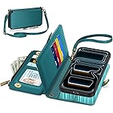 TUCCH Detachable Crossbody Wallet Case for iPhone 17 Pro Max (6.9"), 10 Card Slots RFID Blocking | Lanyard Wrist Strap | Wireless Charging | Zipper Pocket | PU Leather Stand Flip Cover | Bluish Green