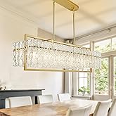 IKK Modern Rectangle Gold Crystal Chandeliers for Dining Room, 42" Large Rectangular Water Ripple Glass Island Light Fixture,