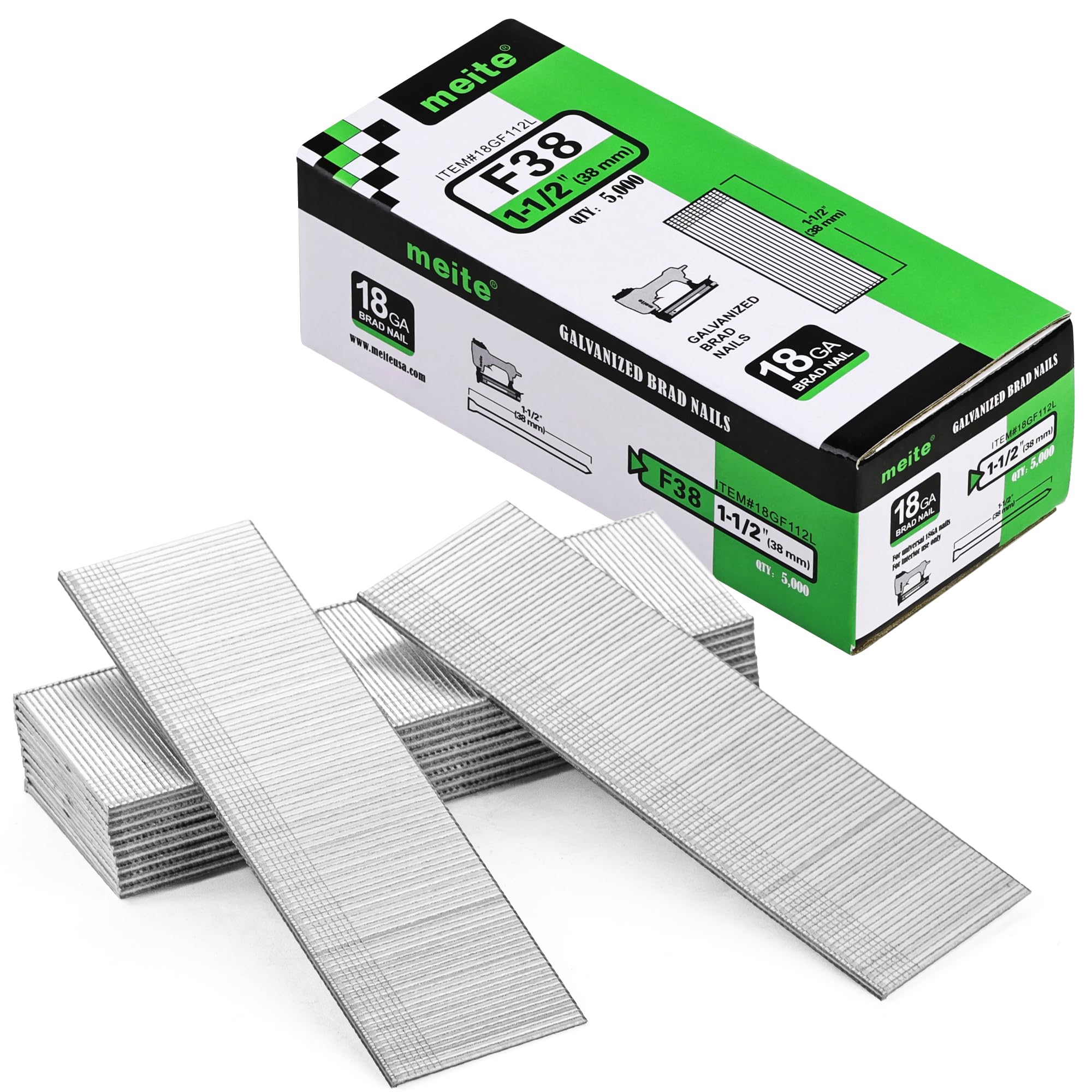 meite 18 Gauge Brad Nails, 38 mm 18G Brad Nails for Nail Gun, Galvanised Small Finishing Nails for Joinery, Trim Work (5,000 Counts)