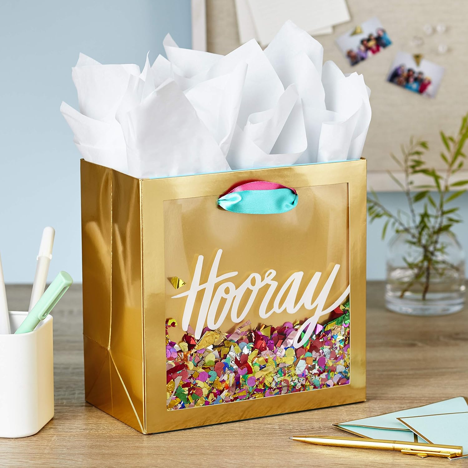 Hallmark Signature 7" Medium Gift Bag with Tissue Paper (Hooray; Gold with Pink, Teal, Purple Confetti) for Bridal Showers, Graduations, Retirements and More: Kitchen & Dining