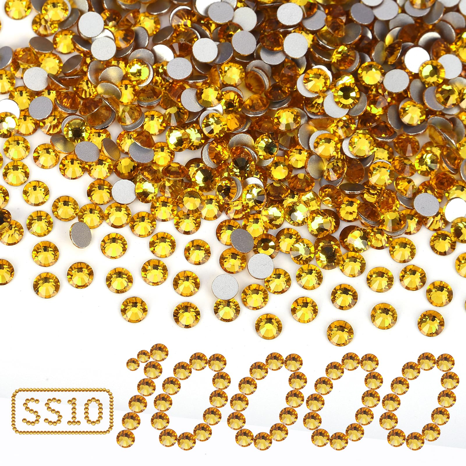 Photo 1 of 10000PCS Gold Yellow Rhinestones Bulk, Flat Back Crystal Glass Stone Round Gems,SS10, 2.7-2.9mm