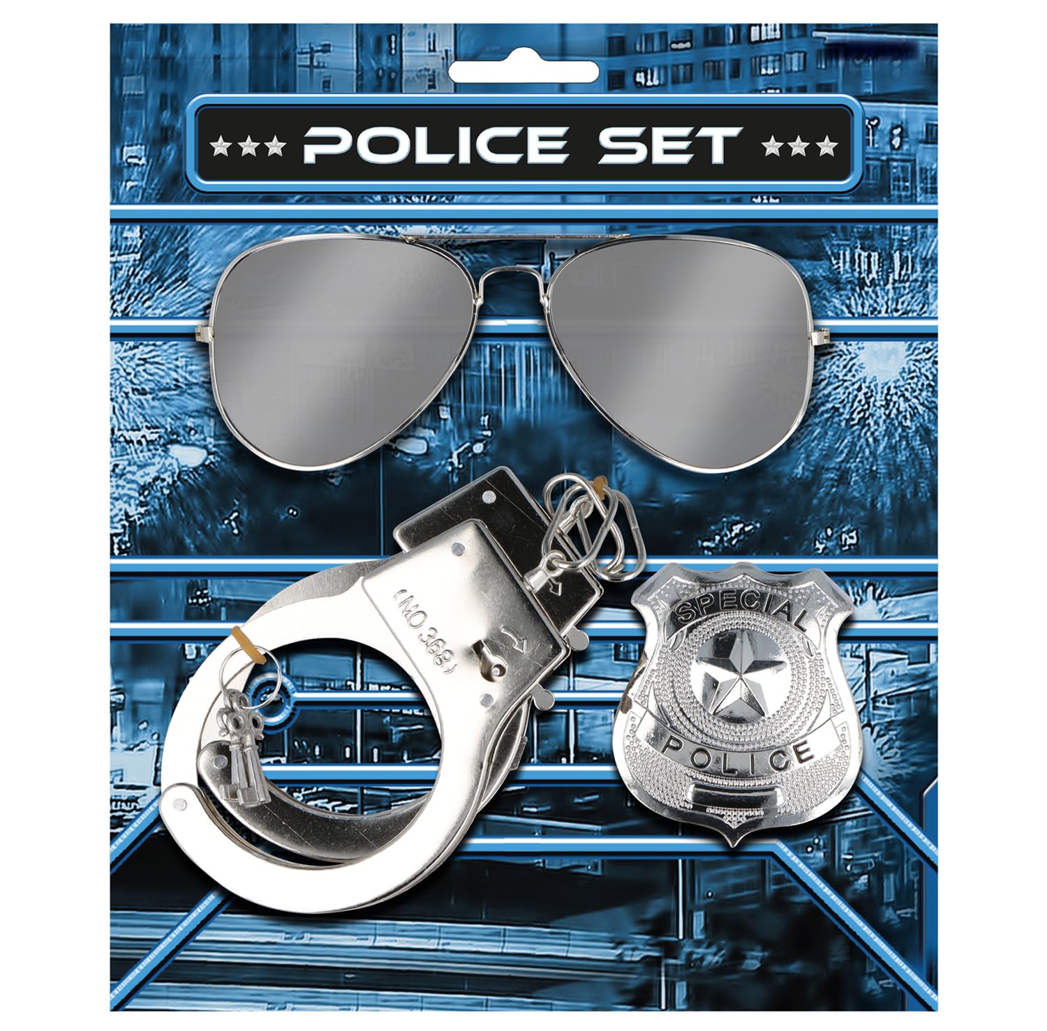 D.A.Y. Republic Police Set - Handcuffs and Key, Special Badge and Pilot Style Sunglasses, Cop Fancy Dress Accessories, Adults Halloween Costume Props
