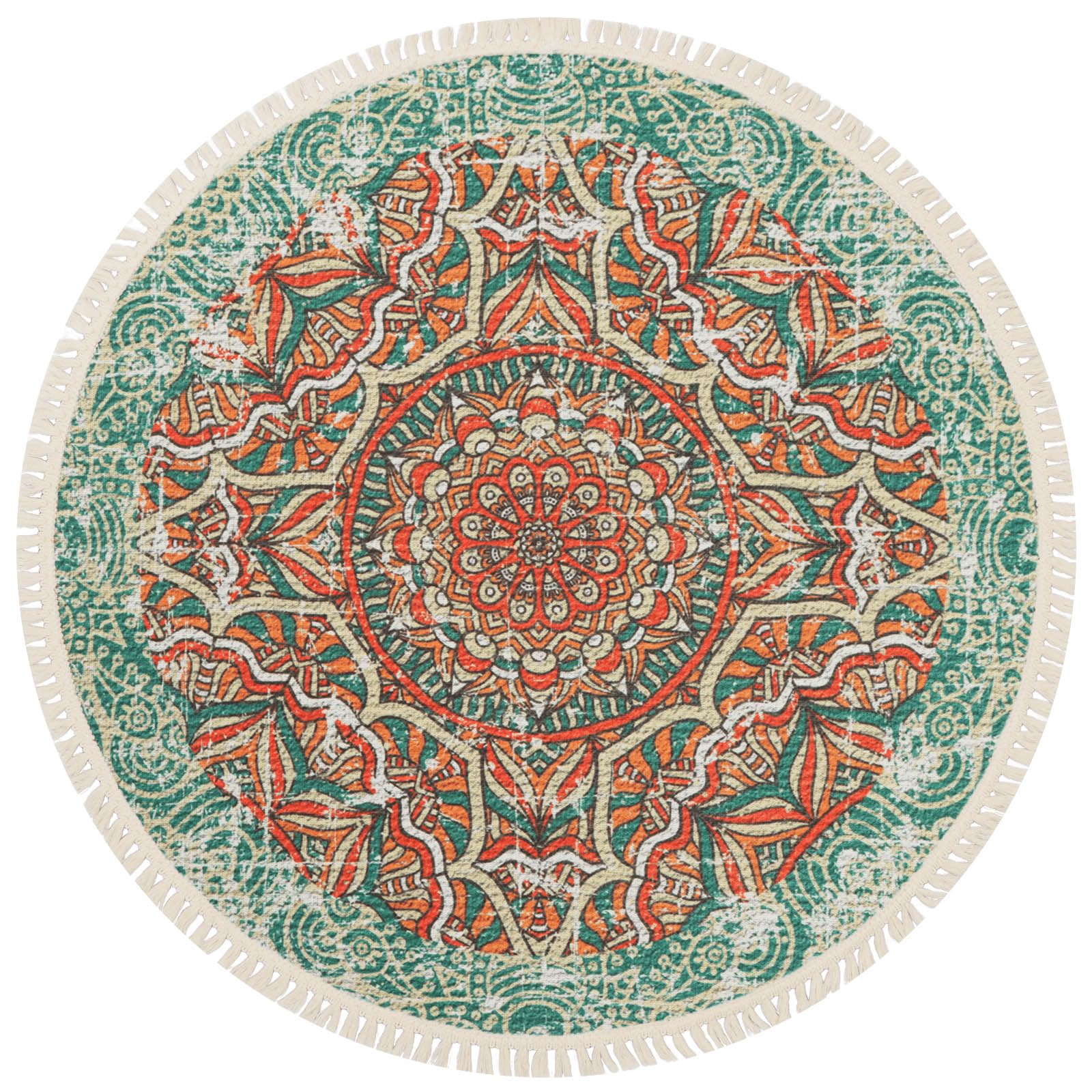 Terafeels Rugs Round Area Rug Dia Round Teal & Orange Mandala Design Non-Shedding Easy Care Ideal for High Traffic Areas in Living Room Bedroom Kitchen Entryway Laundry Dining Room (2904, 2ft or 60cm)