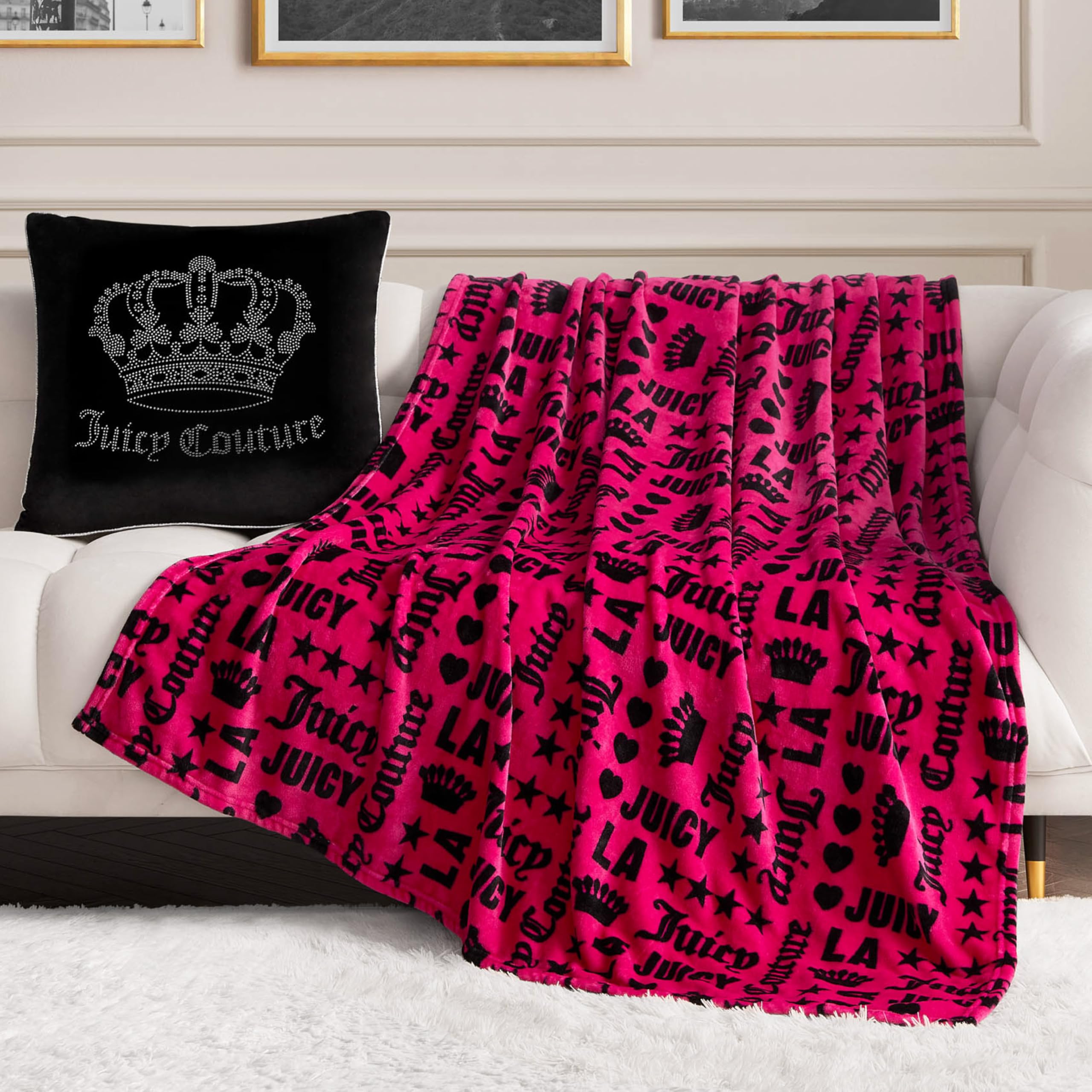 Juicy Couture Luxurious Throw Blanket for Couch - 50” x 70” Inches - Crown Royal Blanket - Plush & Cozy Throw Blanket - Decorative Blankets for Sofas, Throws for Chairs, and Beds – Hot Pink/Black Image