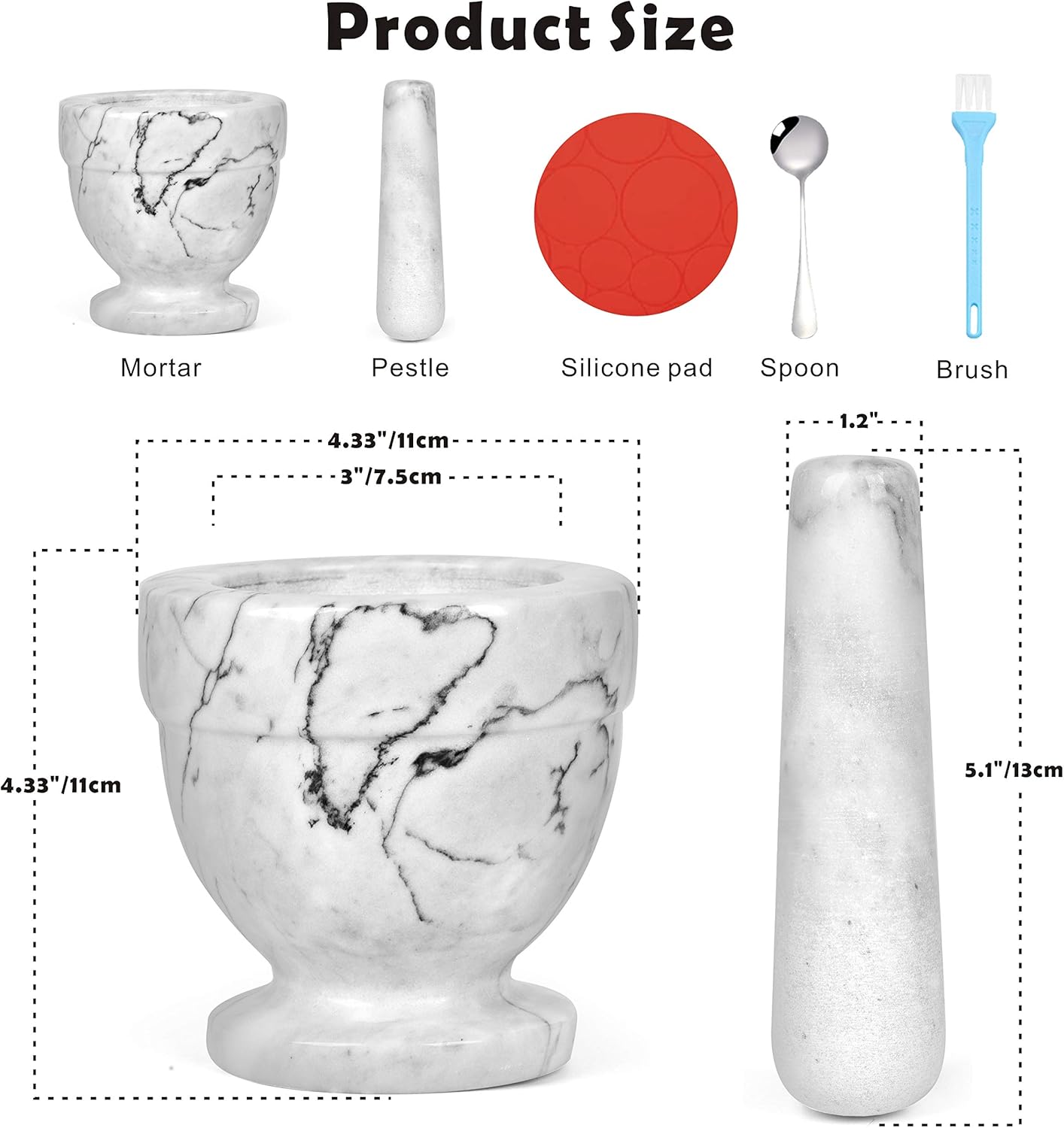 Mortar and Pestle Marble Set for Spices Pestos Seasonings Pastes Guacamole Bowl Herb Grinder Easy to Clean INCLUDED:Silicone Mat, Brush, Stainless Steel Spoon 4.33inch(Small, White Gray): Kitchen & Dining