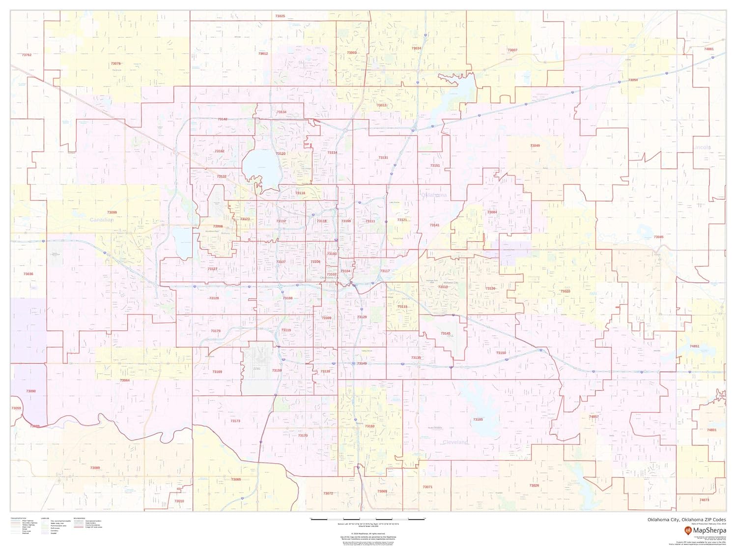oklahoma zip code map Oklahoma City Oklahoma Zip Codes 48 X 36 Matte Plastic Wall