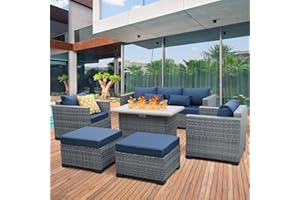 Lviden 6 Pieces Wicker Patio Furniture Sets Outdoor Conversation Set PE Rattan Sectional Sofa Couch with 45" Fire Pit Table and Royal Blue Cushions