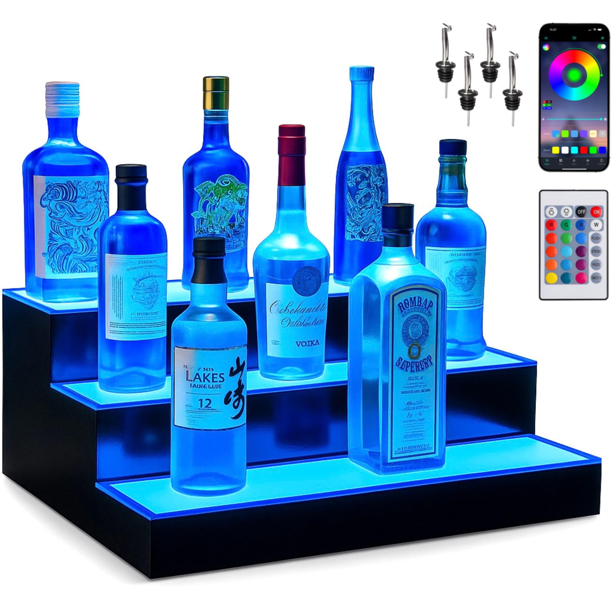 Photo 1 of Boss Premium® BarUSA™ LED Lighted Bar Shelf Display Liquor Bottle Alcohol Whiskey Shelves Rack Stand Tray Units for Home Bar Living Room Accessories and Decor - Designed in USA (3-Step, 16 Inch)