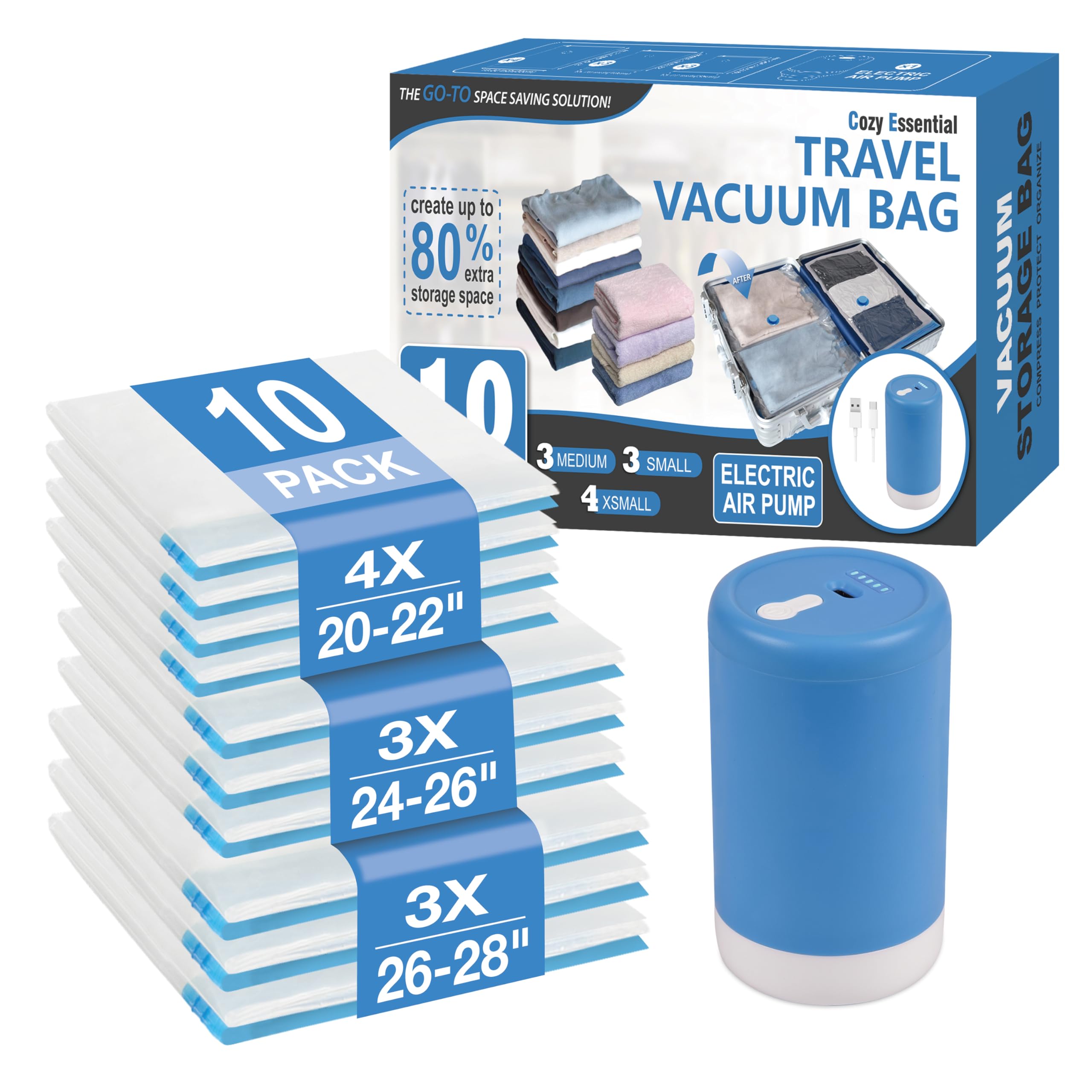 Cozy Essential Travel Vacuum Storage Bags with Rechargeable Cordless USB Pump, Space Saver Bags for Luggage, Suitcase, Carry-On, for Clothes, Blankets, Bedding & Seasonal Storage,10 Combo