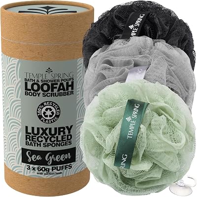 Temple Spring Loofah Shower Sponge Recycled Mesh 3 Pack Sea Green
