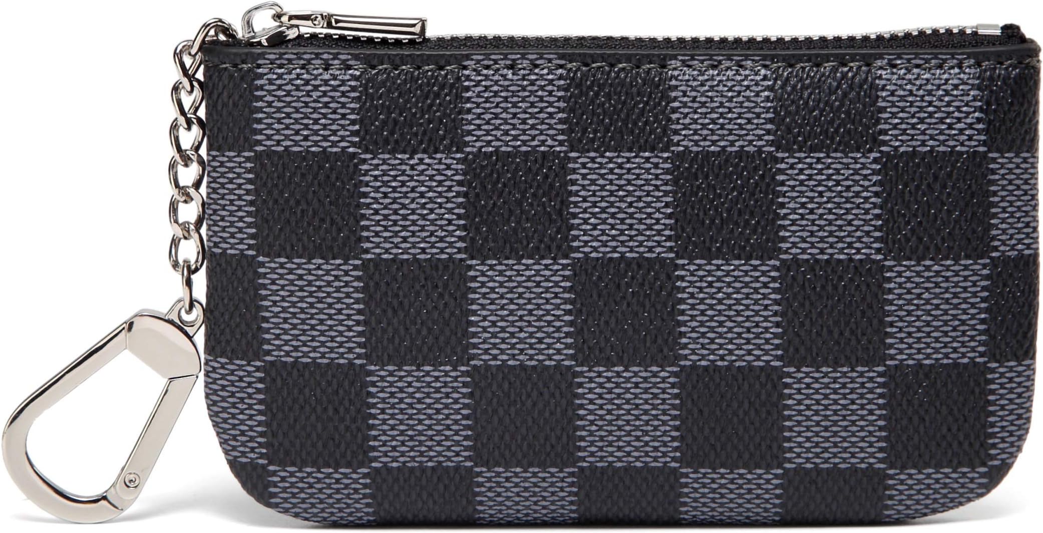 Daisy Rose Luxury Zip Checkered Key Chain pouch | PU Vegan Leather Mini Coin Purse Wallet with clasp