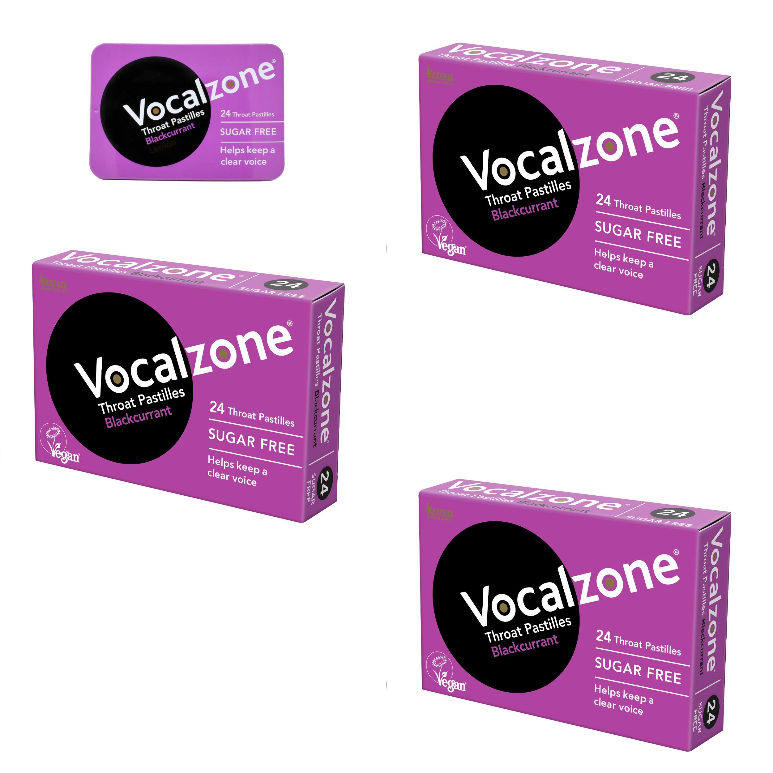 Vocalzone Throat Pastilles Blackcurrant Sugar Free 3 Packs + Free tin. Tin May Vary. for Hard-Working Voices.