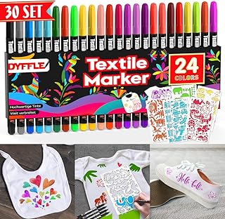 DYFFLE Textilstifte Waschmaschinenfest | 24 Stoffmalstifte Waschfest, Textilfarbe Stifte, Textilmalstifte Für Textilien (wie Z.b. DIY T-Shirt, Schuhe Und Beutel) Inkl. 4 Neon UV Stifte Shirt