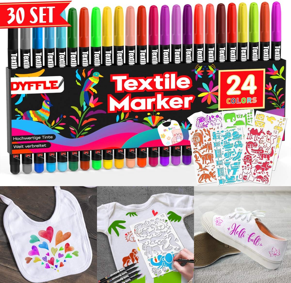 DYFFLE Textilstifte Waschmaschinenfest | 24 Stoffmalstifte Waschfest, Textilfarbe Stifte, Textilmalstifte Für Textilien (wie Z.b. DIY T-Shirt, Schuhe Und Beutel) Inkl. 4 Neon UV Stifte Shirt