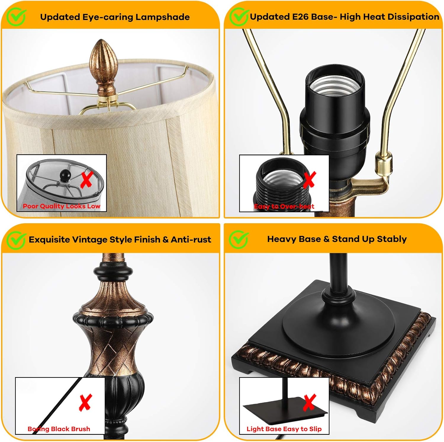 TOBUSA Traditional Floor Lamp, Classic Standing Lamp with Bronze Fabric Shade, Vintage Elegant Tall Pole Lamp for Living Room Bedroom Office Reading, Rustic Upright Floor Lights, Pull Chain Switch - - 