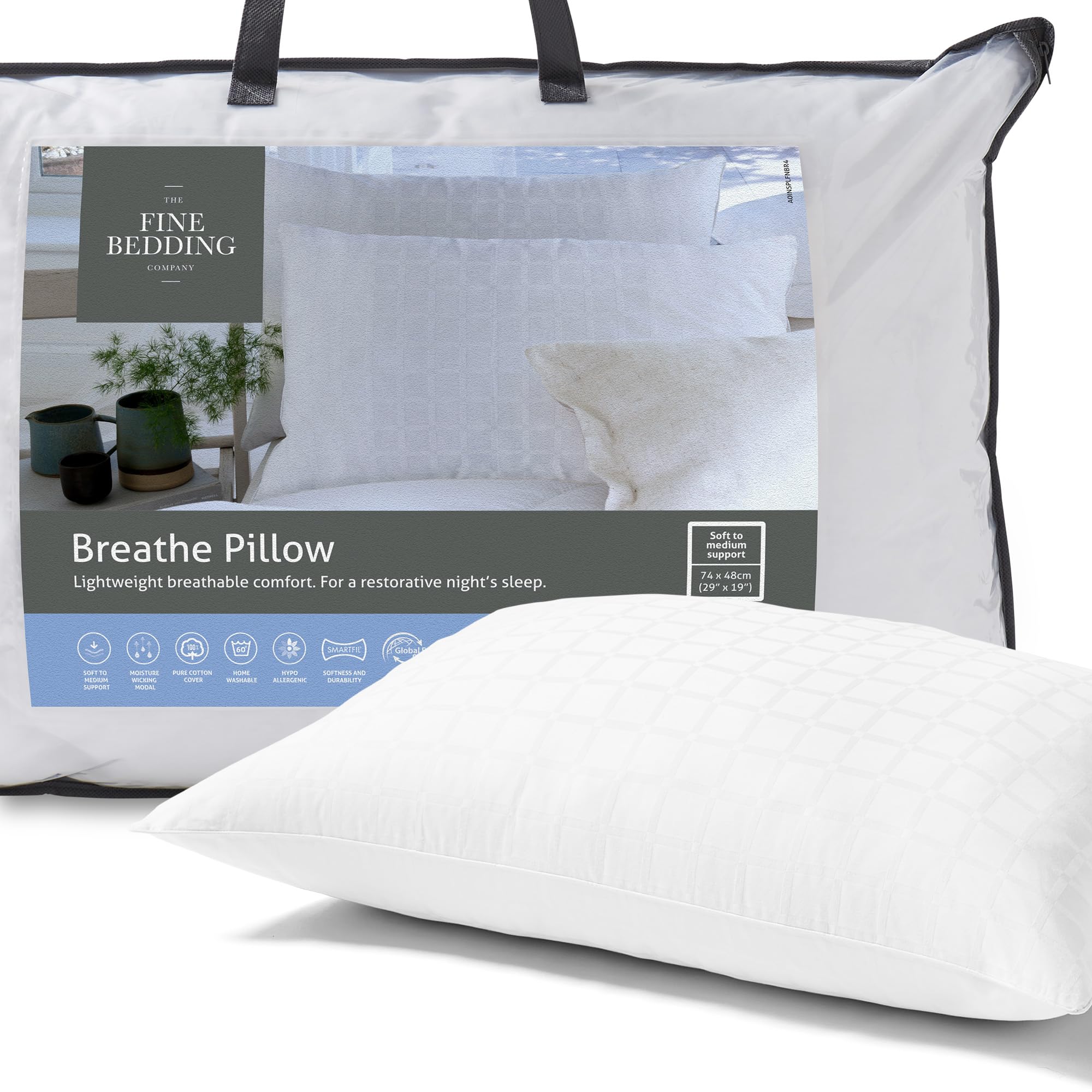 The Fine Bedding Company Breathe Pillow – Soft Medium Pillow with Advanced Smartfil® Fibre and Modal Cooling Technology, Climate Control, Machine Washable – Single (1 Pack)