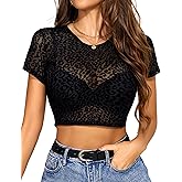 ADOME Mesh Top Mesh Crop Top Plus Sheer Cropped Shirt Black Crop Short Sleeve S-XXL