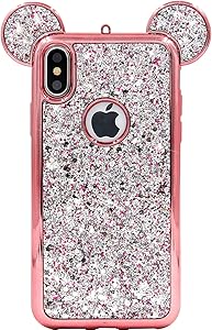 iPhone Xs Max Case, MC Fashion Cute Sparkle Bling Glitter 3D Mickey Mouse Ears Soft TPU Rubber Case Teens Girls Women for Apple iPhone Xs Max (2018) 6.5-Inch (Rose Gold)
