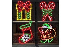 Pytopkto Christmas Window Silhouette Lights Decorations - 16" 4 Pack Colour Lighted Santa ＆ Gift Box ＆ Candy Cane ＆ Christmas Stocking for Holiday Wall Door Window Decorate