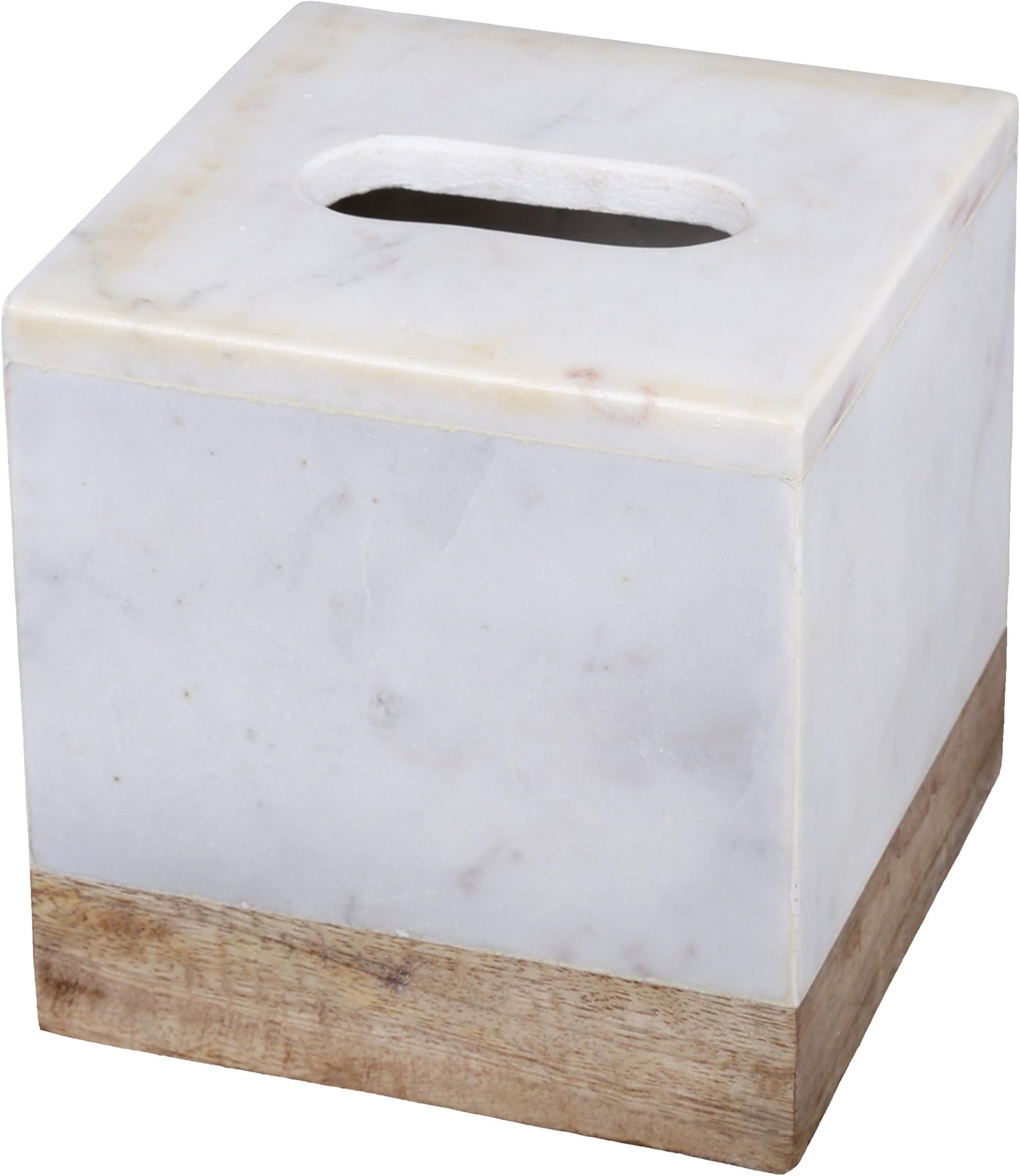 Creative Home Natural Marble and Mango Wood Boutique Tissue Box Cover, 5" x 5" x 5.5" H, Off-White (Patterns May Very)