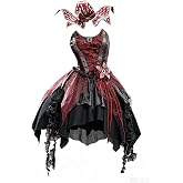 MEOWCOS Women's Halloween Dress Venomous Bloom Gothic Dress Off Shoulder Lrregular Layered Dress with Choker