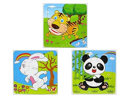 Yoyolala Animals Wooden Peg Puzzles Set-Panda,Tiger,Rabbit(9 pcs each)