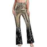 ODIZLI Womens Bell Bottom Sparkle Sequin Flare Pants Elastic High Waisted Bling Glitter Dance Pants