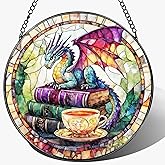 Dragon Stained Glass Window Hanging, 8 Inch Sun Catchers Indoor Window, Suncatchers for Windows Hanging, Home Decor and Christmas, Festival, Birthday, Gifts for Readers, Book Lovers, Women, Men