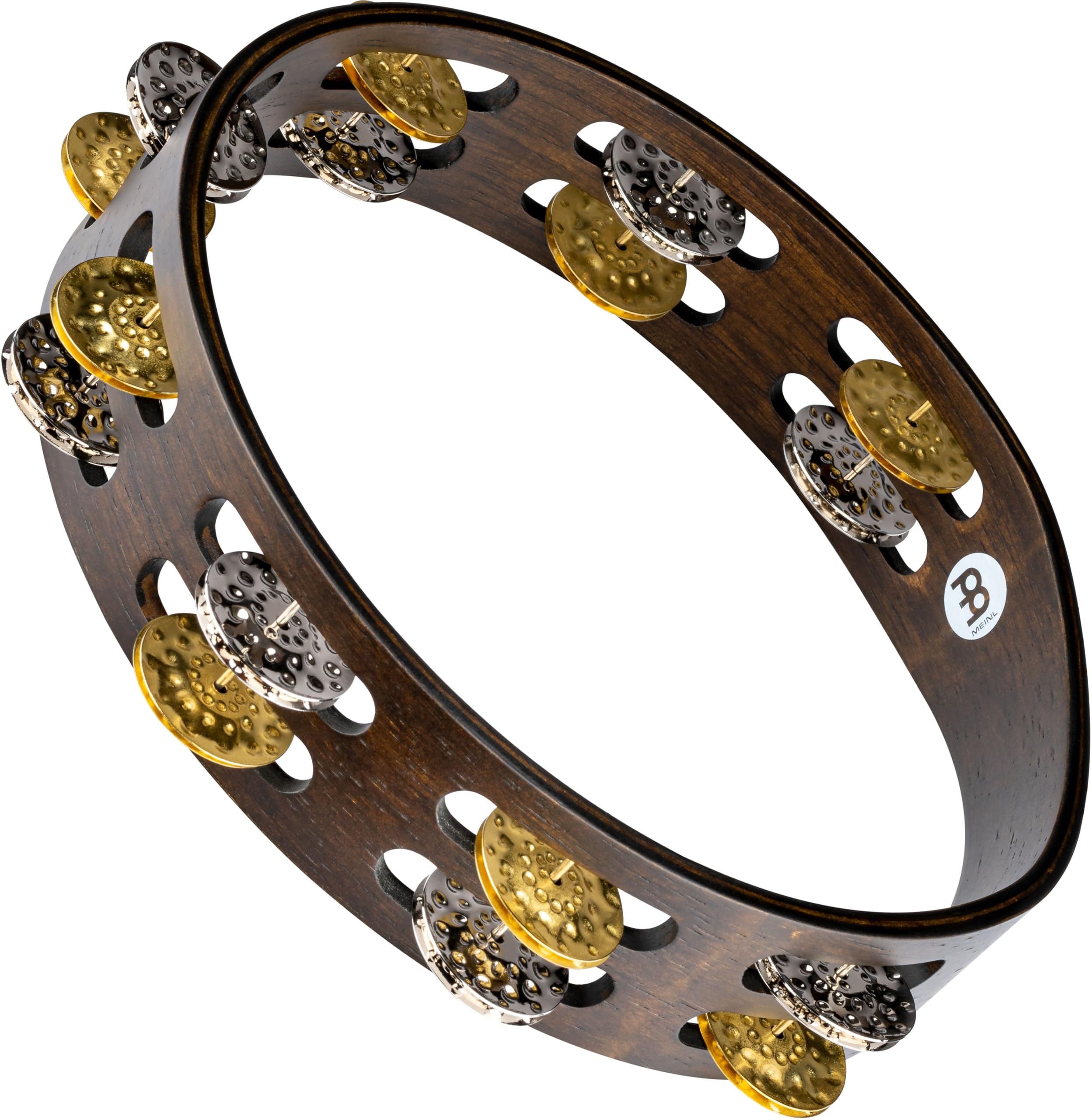 Meinl Percussion Vintage Wood Tambourine - 2-Row Tambourine - 10-inch Diameter - Siam Oak / Brass and Steel, Walnut Brown / Natural (TA2VM-WB)