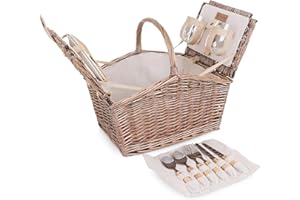 PICNIC TIME Piccadilly Picnic Basket for 2, Romantic Vintage English-Style Wooden Basket, Complete Deluxe Service for Two with Fully-Lined Interior and Double-lid Design, (Natural Canvas)