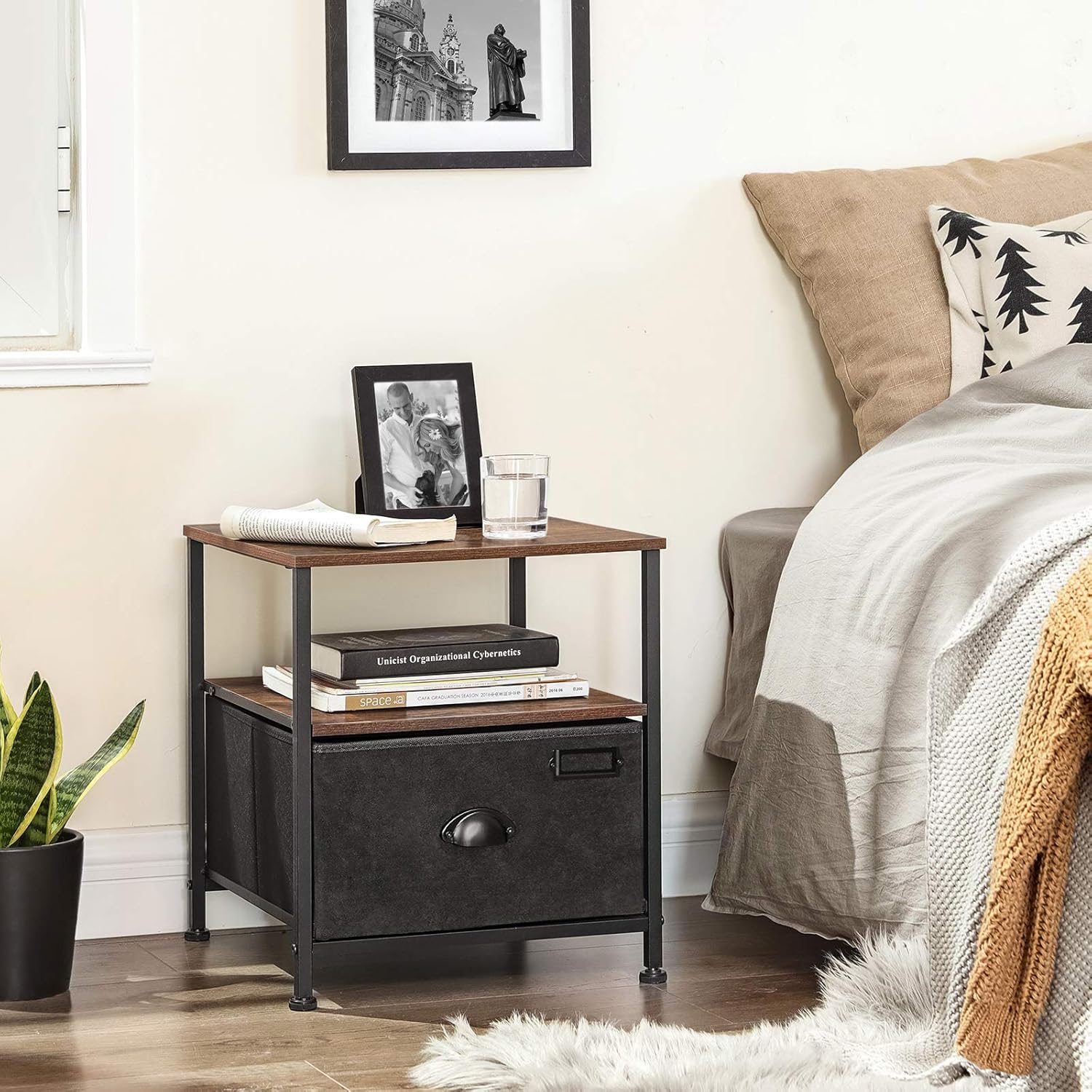 SONGMICS Nightstand, 3-Tier Bedside Table with Drawer, 2 Shelves, Fabric Drawer Dresser, Industrial End Table, for, Hallway, Closet, Rustic Brown and Black ULVT02H: Kitchen & Dining