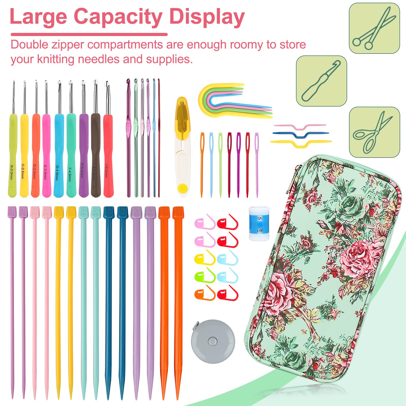 Katech Knitting Needles Case Empty Zipper Bags Organizer Portable Travel Crochet Hooks Storage Bag with Web Pocket and Holder Slots for Carrying Various Crochet Needles and Knitting Accessories
