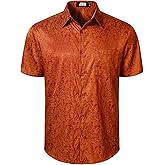 JOGAL Mens Jacquard Shiny Satin Shirts Short Sleeve Regular Fit Casual Button Down Shirt Summer Beach Shirts with Pocket