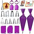RFAQK 30PCs Piping Bags and Tips Set with EBook - Frosting Piping Kit with 10 Piping Tips,10 Pastry Bags, 2 Reusable Bags, 3 Icing Scrapers, 2 Couplers & 2 Ties for Cookies Cake Decorations (Purple)