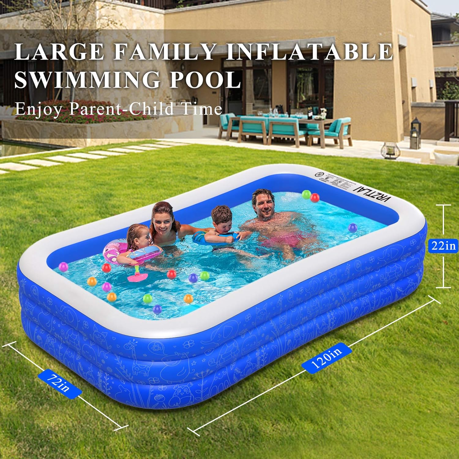 Inflatable Swimming Pool, 120" X 72" X 22" Family Inflatable Lounge Pool for Kiddie, Kids, Adults, Infant, Toddlers, Easy Set Swimming Pool for Garden, Backyard, Outdoor Summer Water Party: Home & Kitchen