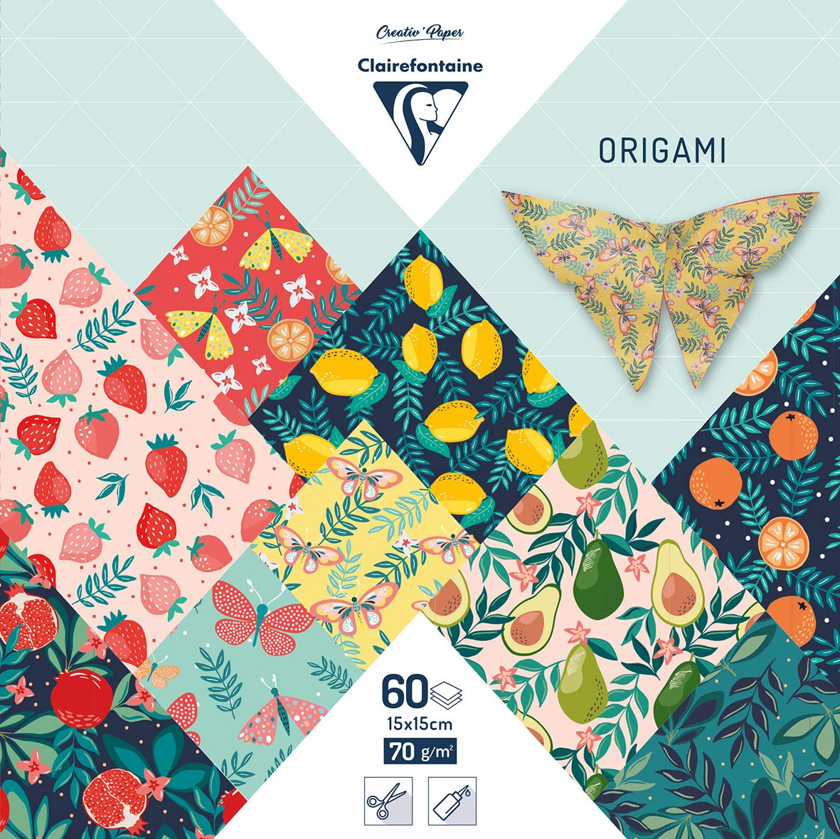 Clairefontaine 95357C 60 Sheets Origami Paper 70g/m² Format 15x15cm 30 Ast Coloured Designs 2 per design Creative Adults Children Fruity Garden Collection