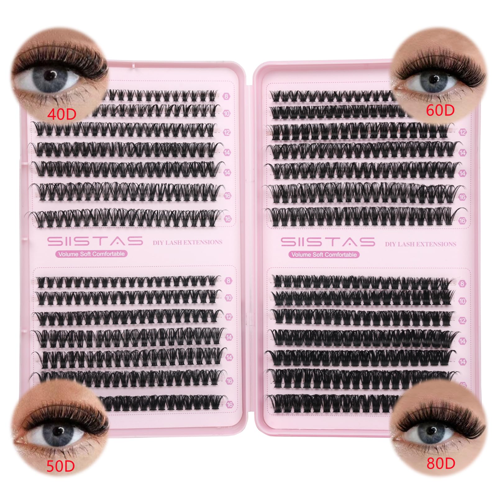 SIISTAS Individual lashes, Cluster Lashes Extensions 546PCS Fluffy Individual Eyelashes DIY Cluster Eyelash Extensions 8-16MM Russian D Curl Natural Soft Cluster Lash Extension at Home(40+50+60+80) — image 1