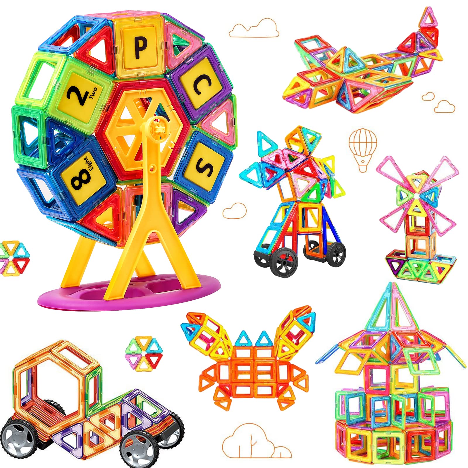 morkka Magnetic Building Blocks 82 Pieces Magnets Building Kit 3D Rainbow Color Educational Toy Set Creative Toys Kids Toddler Girl Boy Car Ferris Wheel Great