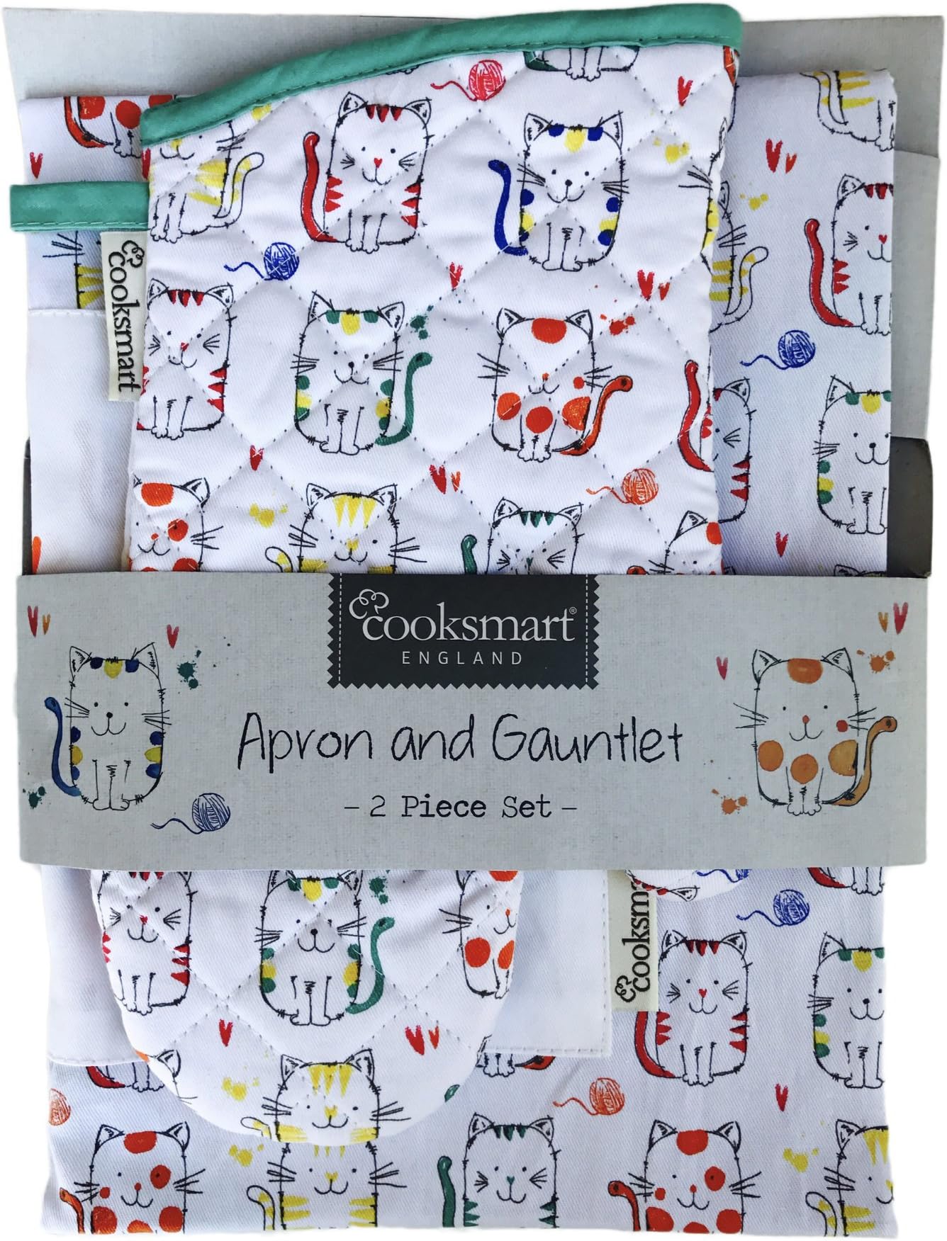 Cooksmart Apron and Gauntlet Oven Mitt Set Cool Colorful Cats Theme