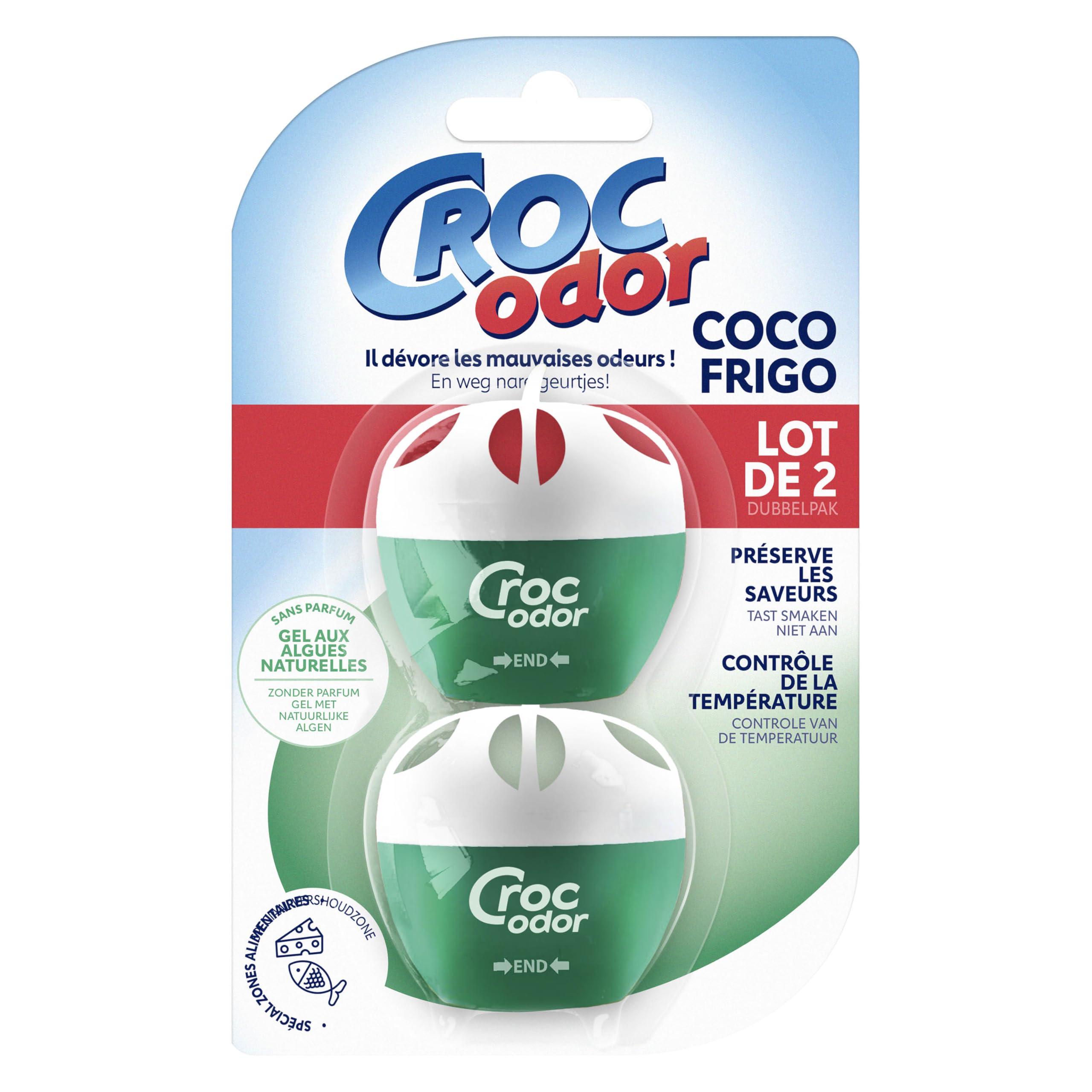 Croc'Odor Fridge Deodoriser, Twin Pack, Unscented, Food Safe Formular with Temperature Indicator - 2 x 33 g, Packaging may vary