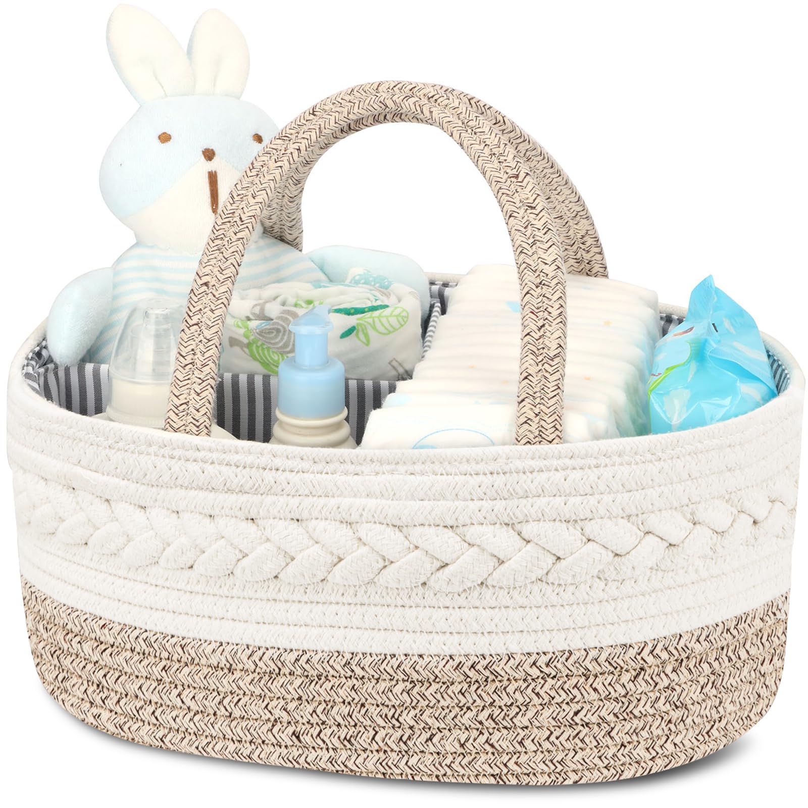 Maliton Nappy Caddy, Cotton Rope Newborn Essentials，Sturdy Portable Baby Caddy Storage Basket with Detachable Compartments，Nappy Organiser Baby Essentials for Newborn, Brown