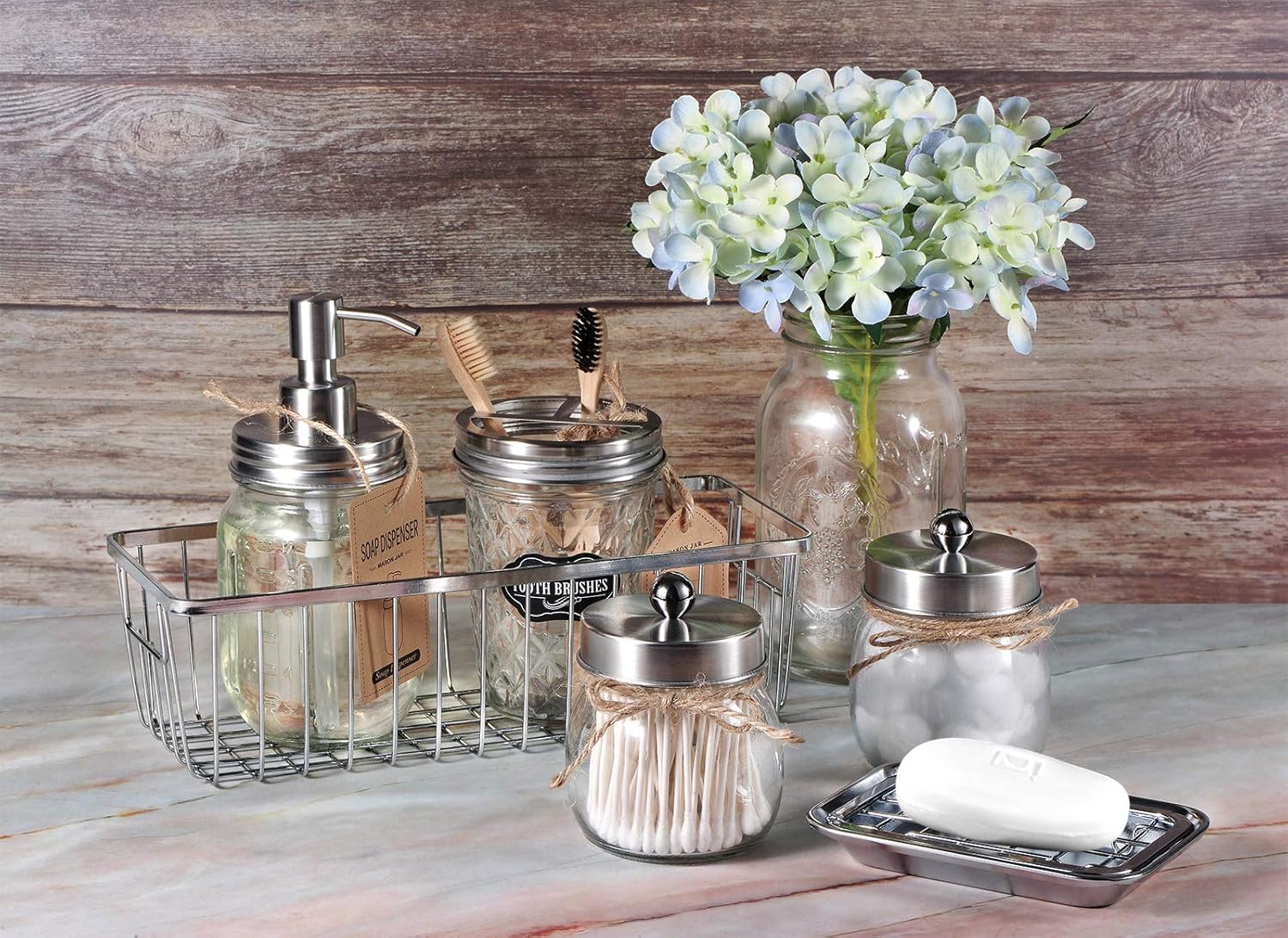 Mason Jar Bathroom Accessories Set- 6PCS - Lotion Soap Dispenser,Toothbrush Holder,2 Apothecary Jars(Qtip Holder), Soap Dish,Storage Organizer Basket - Rustic Farmhouse Decor (Brushed Nickel): Kitchen & Dining