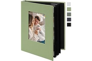 Remowith Small 4x6 Photo Album 24 Pockets Linen Cover with Front Window Portable Mini Picture Book for Travel Wedding Memories Organizer Light Green