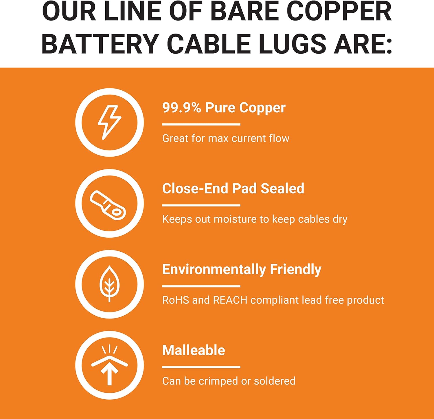 SELTERM UL Listed Heavy Duty Wire Lugs, Battery Cable Ends, Bare Copper Eyelets, Tubular Ring Terminals, Closed End Crimp Connectors — (8 AWG to 250 MCM) : Sports & Outdoors