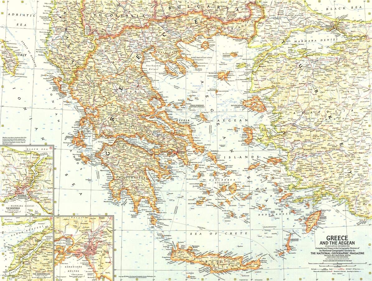 National Geographic: Greece and the Aegean 1958 - Historic Wall Map Series - 25 x 18.75 inches - Paper Rolled
